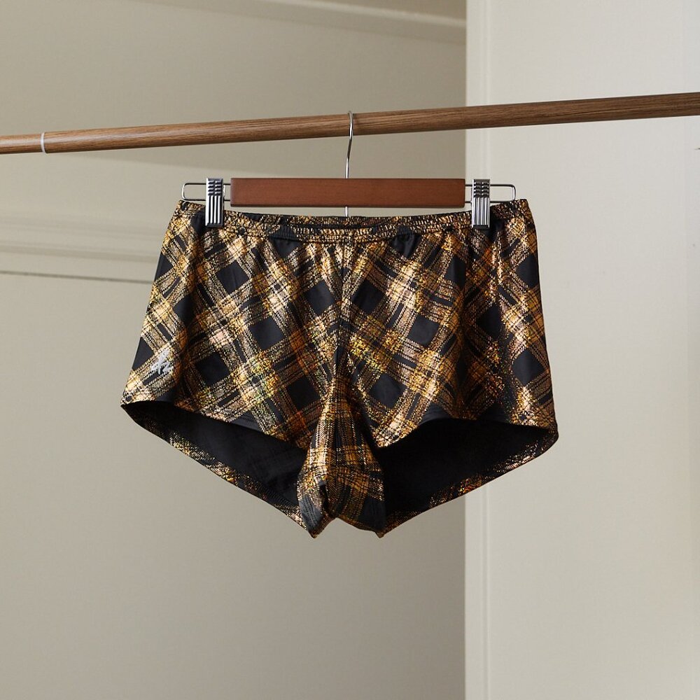 Plaid Derby Skinz Athletic Short | Black + Gold NWOT